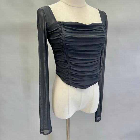 Abercrombie & Fitch black ruched mesh corset style long sleeve top size medium - Picture 2 of 16